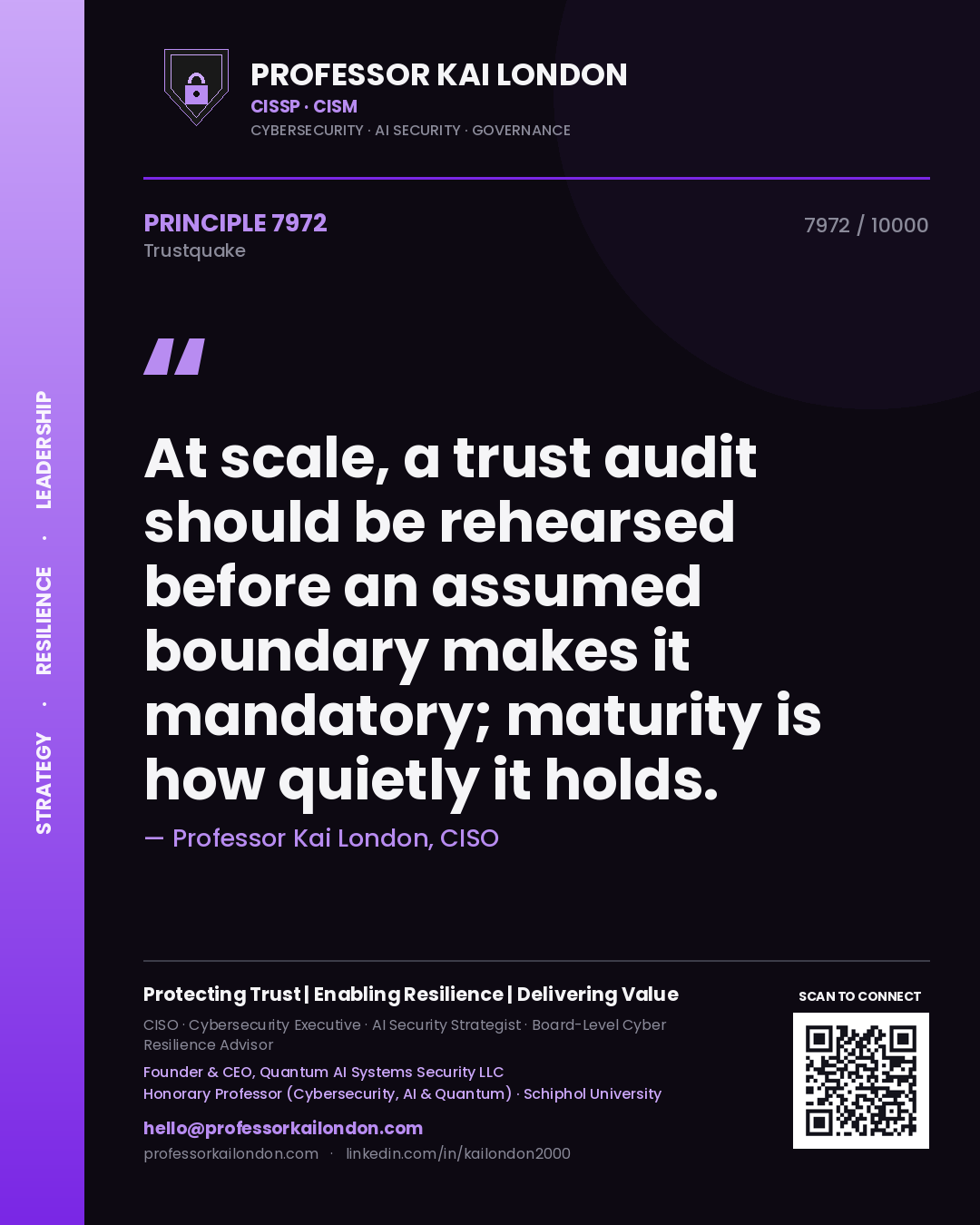 Quote card by Professor Kai London reading 'At scale, a trust audit should be rehearsed before an assumed boundary makes it mandatory; maturity is how quietly it holds.'. From the book Trustquake.