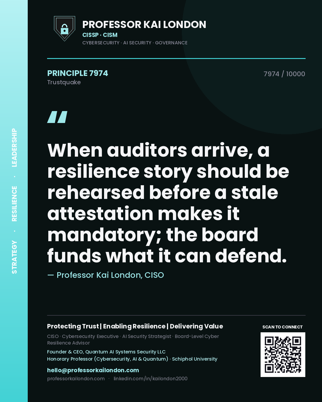 Quote card by Professor Kai London reading 'When auditors arrive, a resilience story should be rehearsed before a stale attestation makes it mandatory; the board funds what it can defend.'. From the book Trustquake.