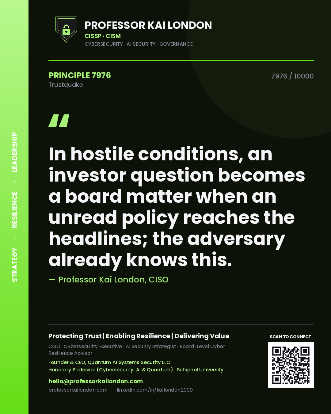 Professor Kai London principle 7976: In hostile conditions, an investor question becomes a board matter when an unread policy reaches the headlines; the adversary already knows this.