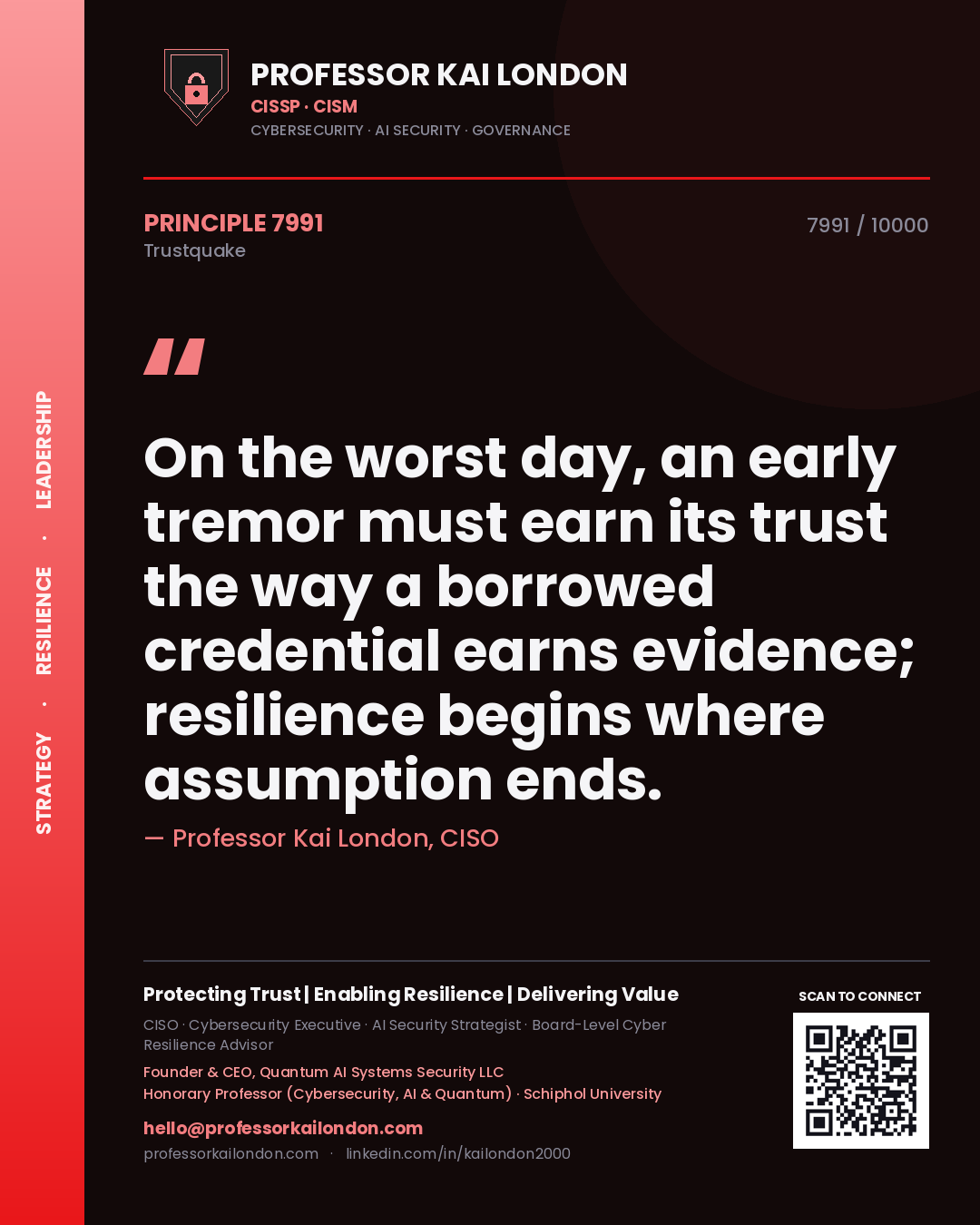 Quote card by Professor Kai London reading 'On the worst day, an early tremor must earn its trust the way a borrowed credential earns evidence; resilience begins where assumption ends.'. From the book Trustquake.