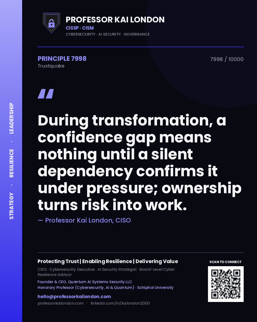 Quote card by Professor Kai London reading 'During transformation, a confidence gap means nothing until a silent dependency confirms it under pressure; ownership turns risk into work.'. From the book Trustquake.