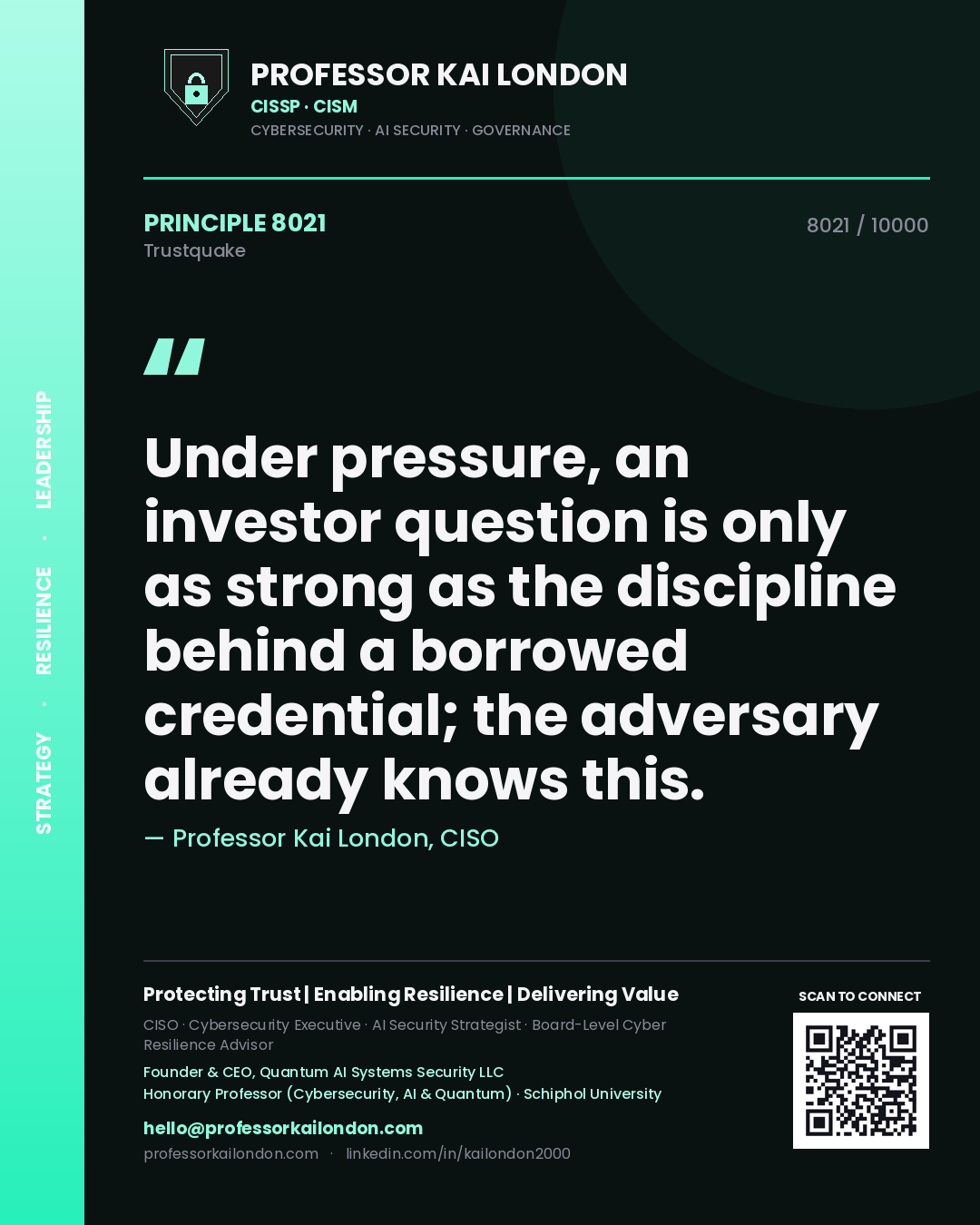 Quote card by Professor Kai London reading 'Under pressure, an investor question is only as strong as the discipline behind a borrowed credential; the adversary already knows this.'. From the book Trustquake.