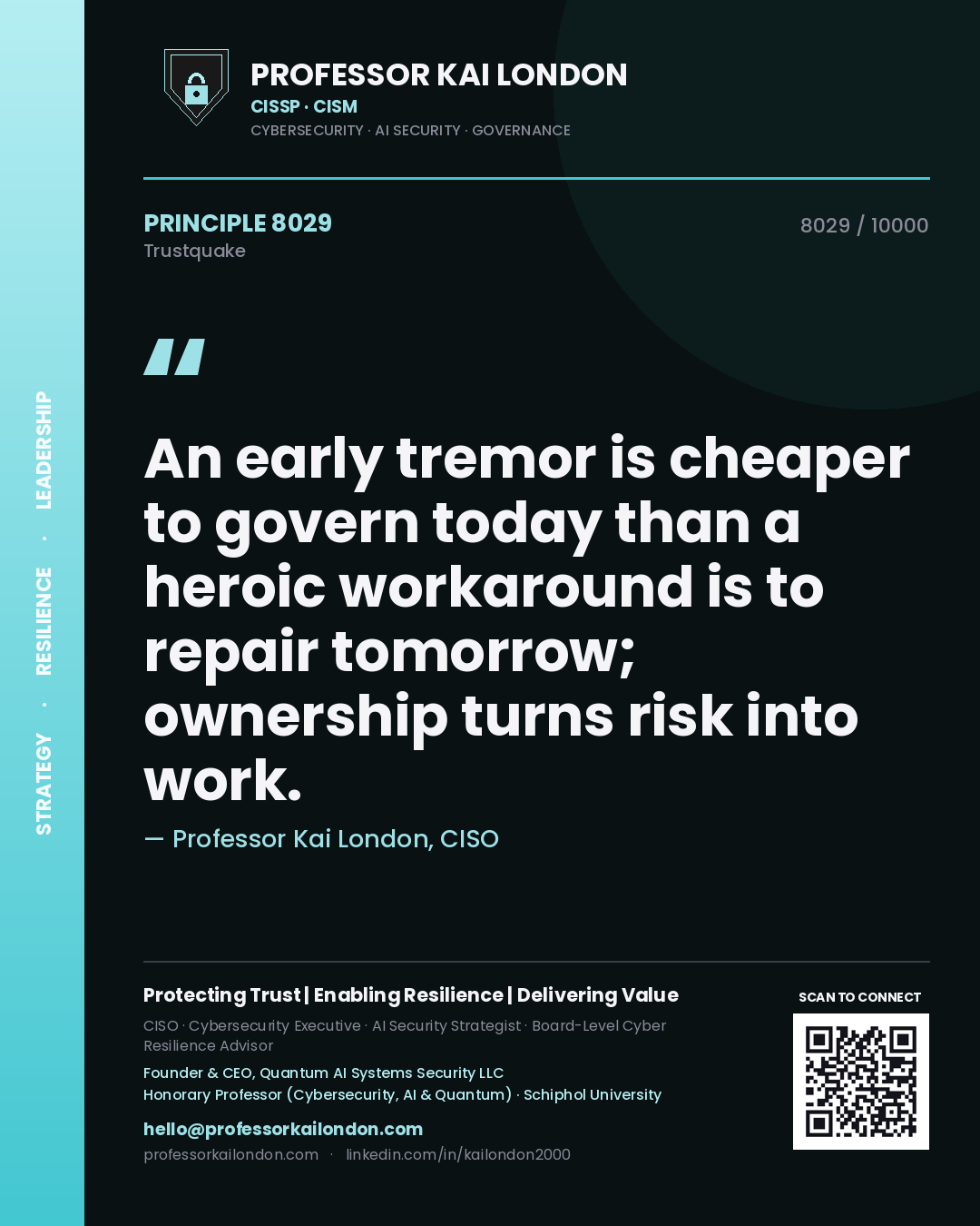 Professor Kai London principle 8029: An early tremor is cheaper to govern today than a heroic workaround is to repair tomorrow; ownership turns risk into work.