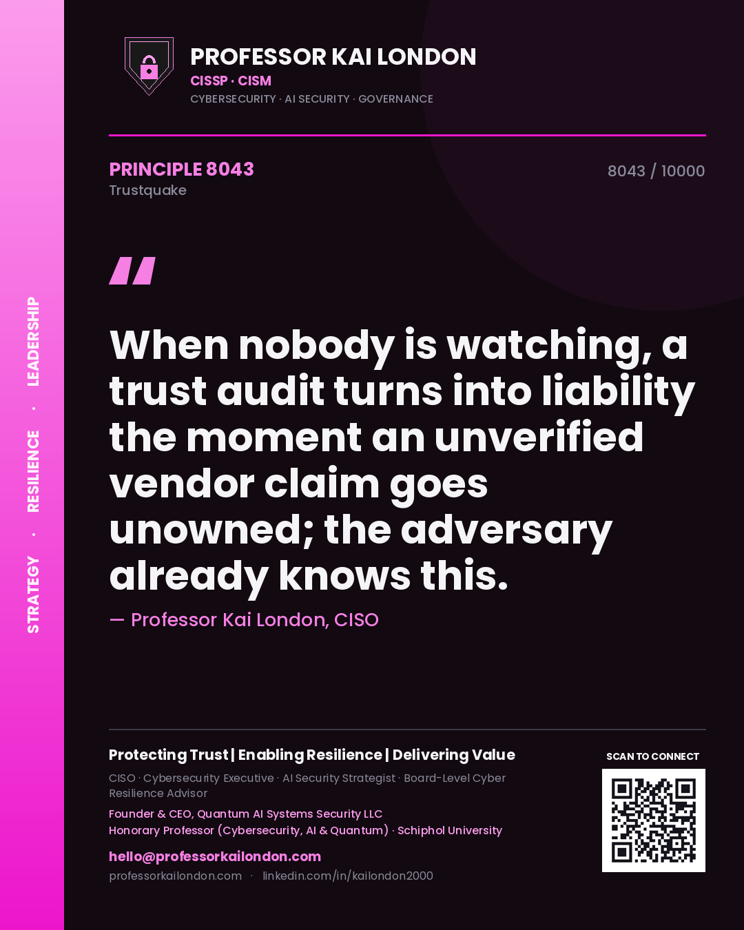 Professor Kai London principle 8043: When nobody is watching, a trust audit turns into liability the moment an unverified vendor claim goes unowned; the adversary already knows this.