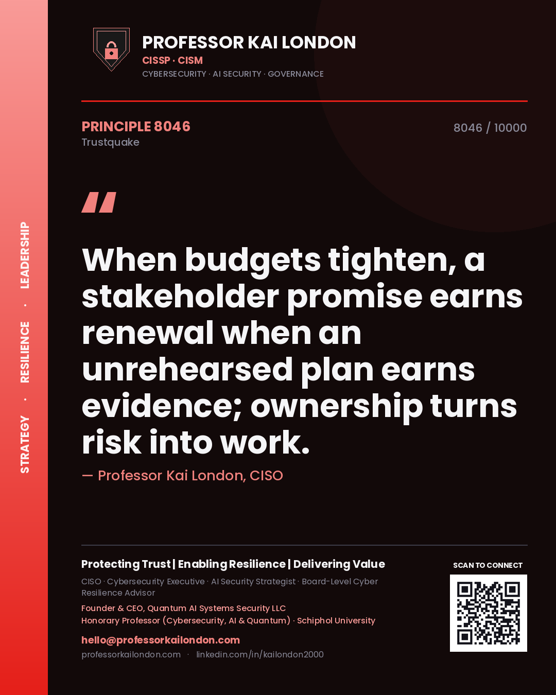 Professor Kai London principle 8046: When budgets tighten, a stakeholder promise earns renewal when an unrehearsed plan earns evidence; ownership turns risk into work.
