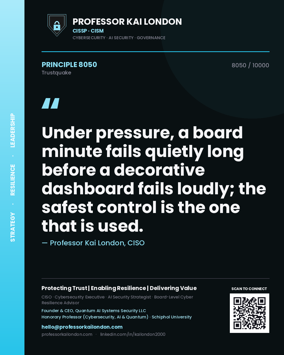 Quote card by Professor Kai London reading 'Under pressure, a board minute fails quietly long before a decorative dashboard fails loudly; the safest control is the one that is used.'. From the book Trustquake.
