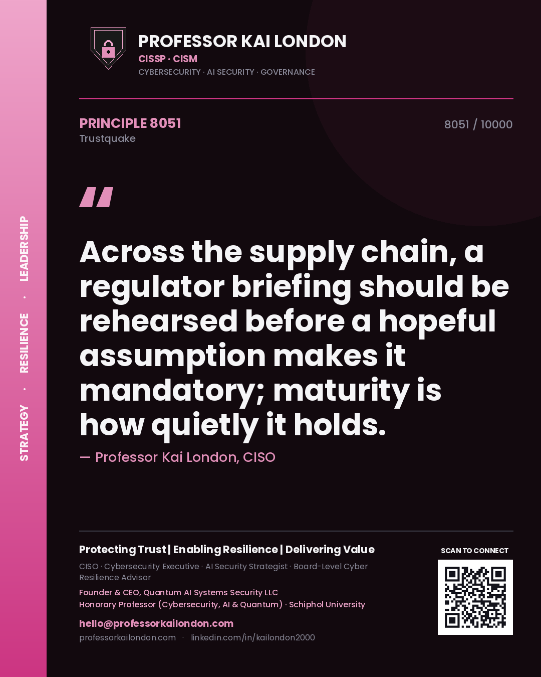 Quote card by Professor Kai London reading 'Across the supply chain, a regulator briefing should be rehearsed before a hopeful assumption makes it mandatory; maturity is how quietly it holds.'. From the book Trustquake.