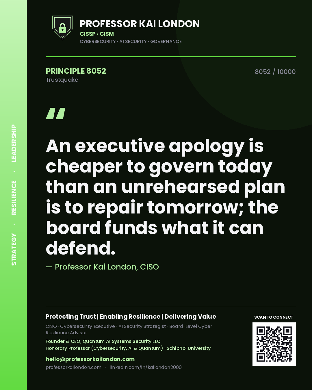 Professor Kai London principle 8052: An executive apology is cheaper to govern today than an unrehearsed plan is to repair tomorrow; the board funds what it can defend.