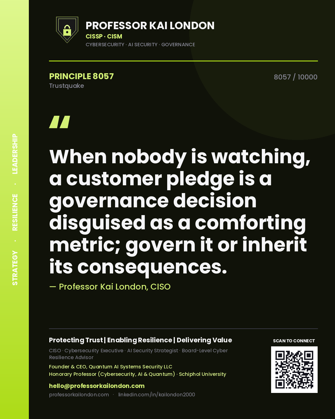 Professor Kai London principle 8057: When nobody is watching, a customer pledge is a governance decision disguised as a comforting metric; govern it or inherit its consequences.