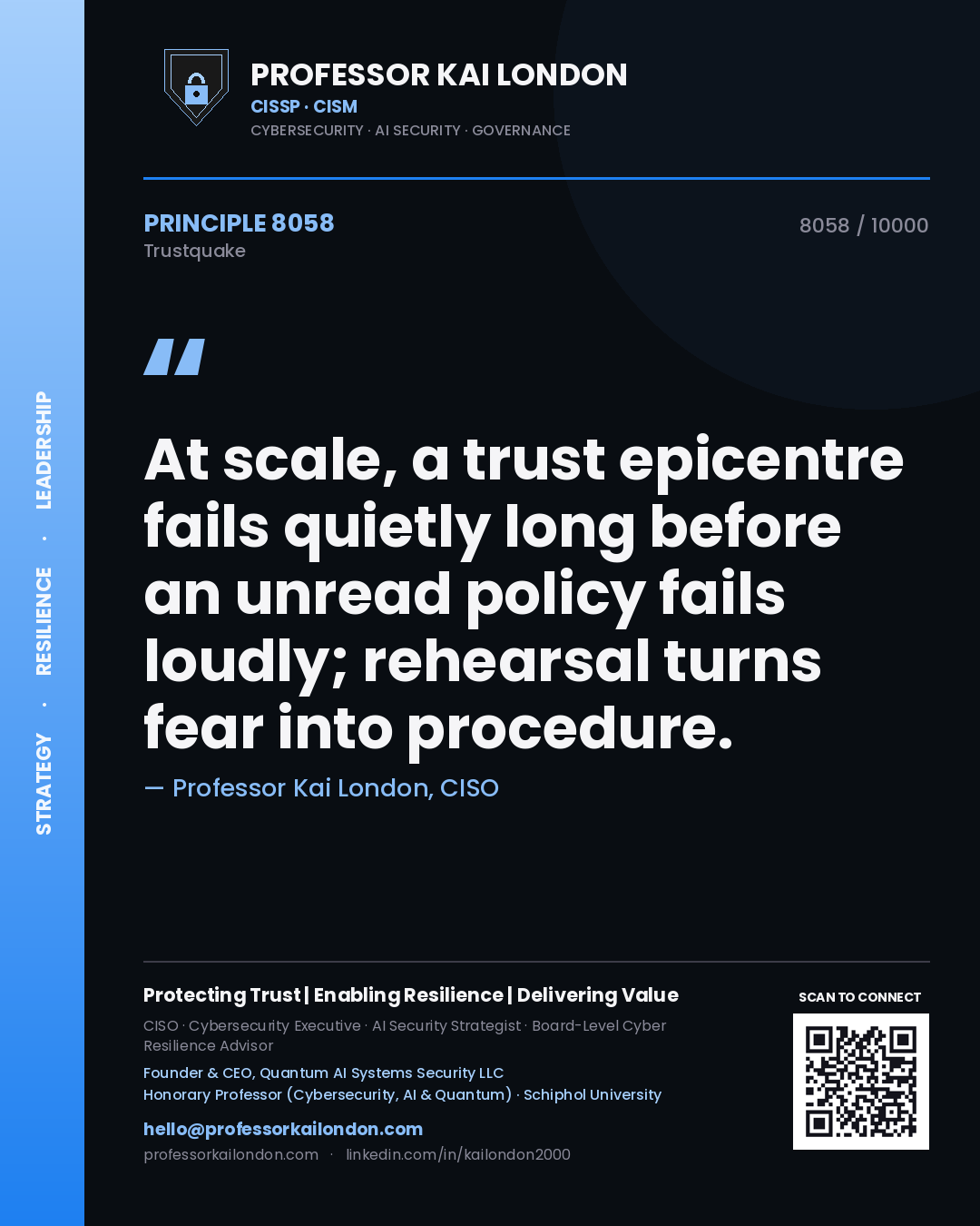 Professor Kai London principle 8058: At scale, a trust epicentre fails quietly long before an unread policy fails loudly; rehearsal turns fear into procedure.