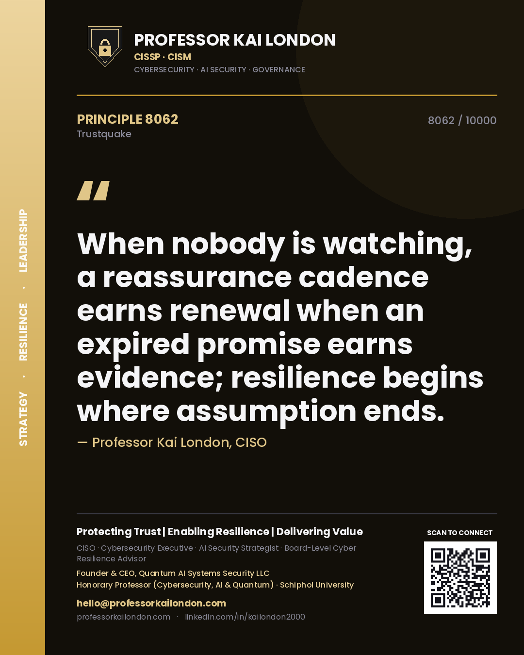 Professor Kai London principle 8062: When nobody is watching, a reassurance cadence earns renewal when an expired promise earns evidence; resilience begins where assumption ends.
