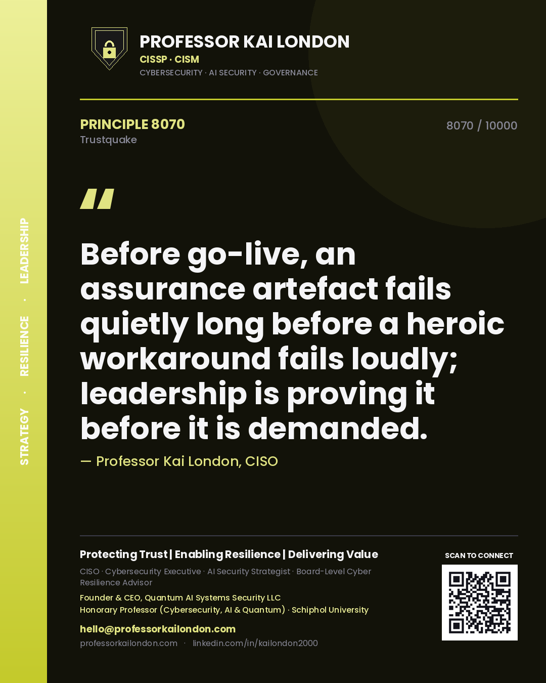 Professor Kai London principle 8070: Before go-live, an assurance artefact fails quietly long before a heroic workaround fails loudly; leadership is proving it before it is demanded.
