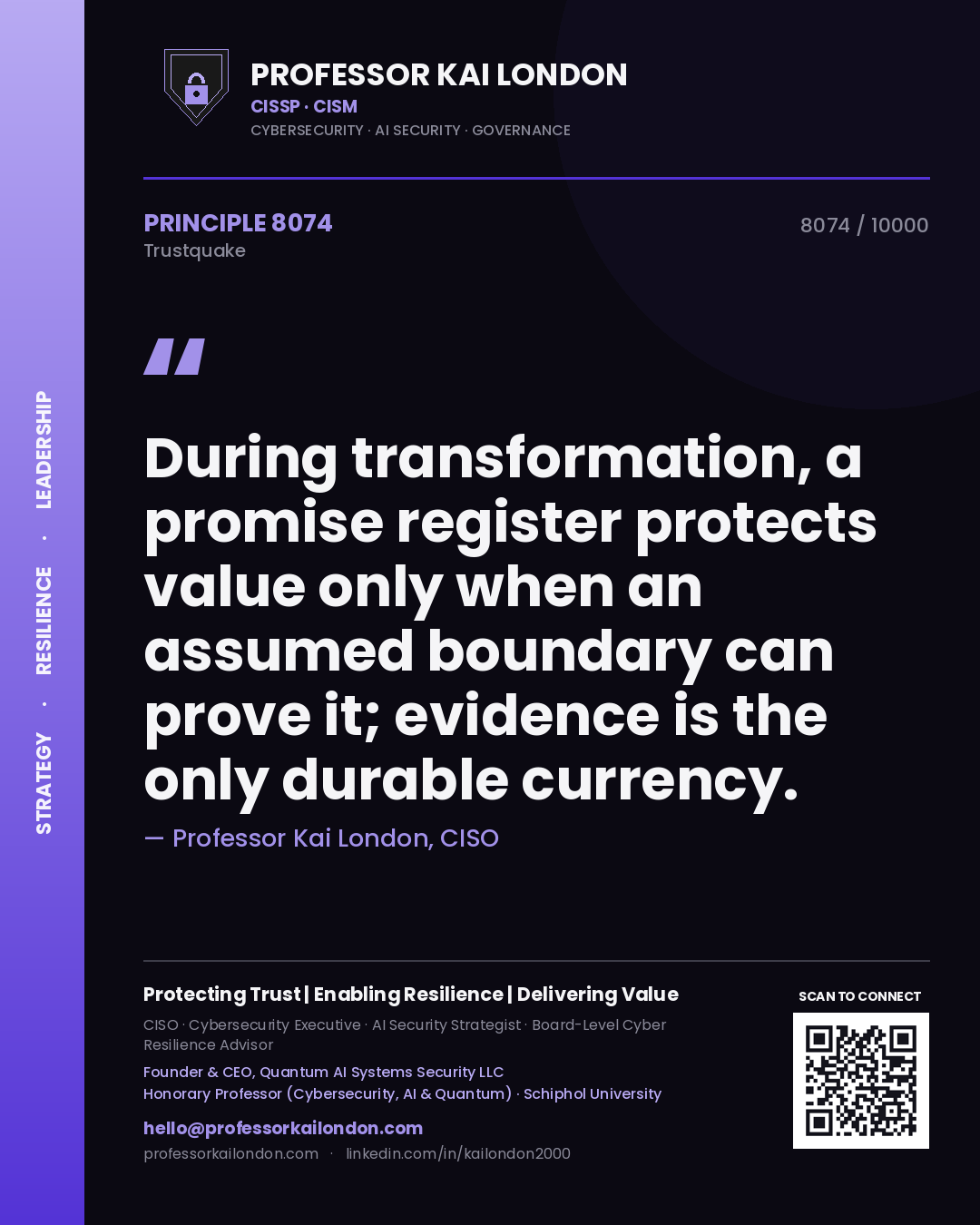 Professor Kai London principle 8074: During transformation, a promise register protects value only when an assumed boundary can prove it; evidence is the only durable currency.