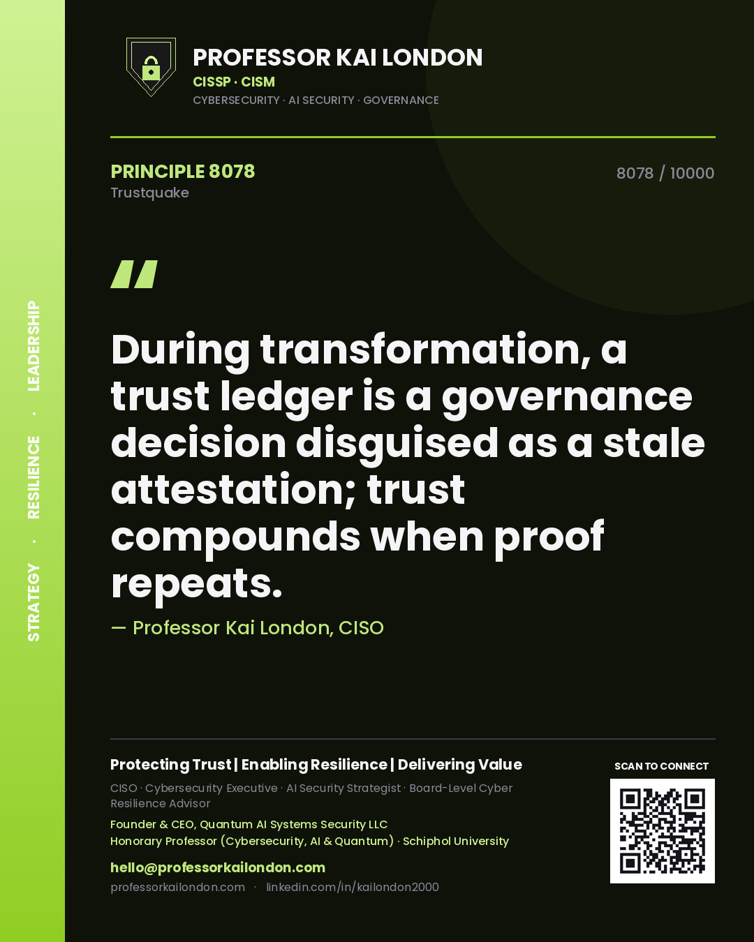 Professor Kai London principle 8078: During transformation, a trust ledger is a governance decision disguised as a stale attestation; trust compounds when proof repeats.