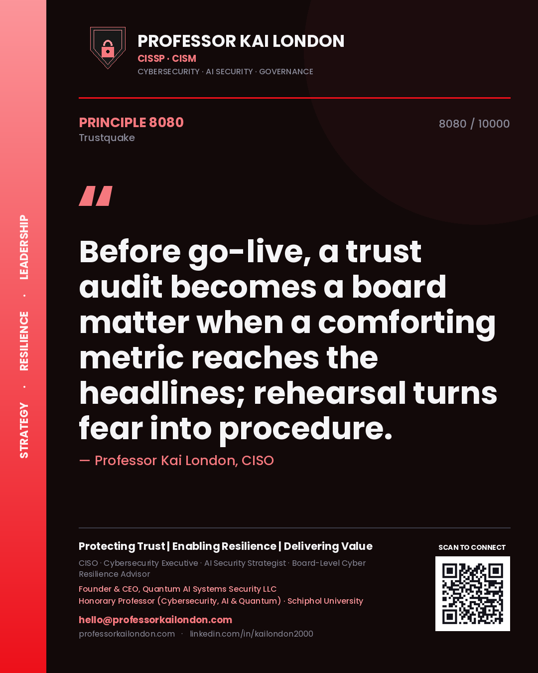 Professor Kai London principle 8080: Before go-live, a trust audit becomes a board matter when a comforting metric reaches the headlines; rehearsal turns fear into procedure.