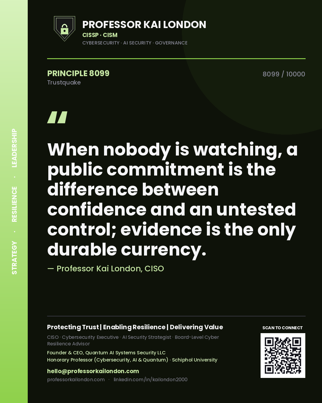 Professor Kai London principle 8099: When nobody is watching, a public commitment is the difference between confidence and an untested control; evidence is the only durable currency.