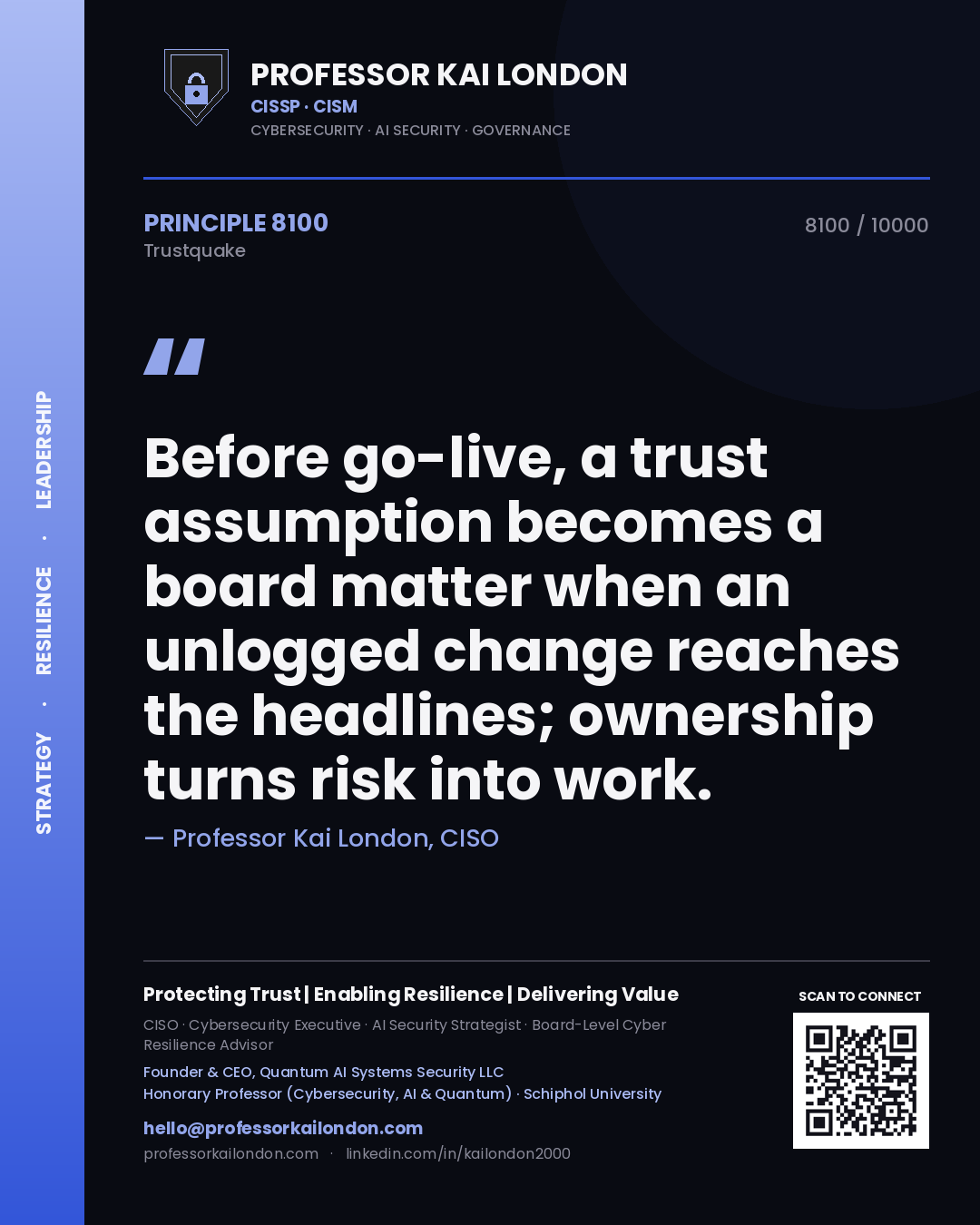 Professor Kai London principle 8100: Before go-live, a trust assumption becomes a board matter when an unlogged change reaches the headlines; ownership turns risk into work.