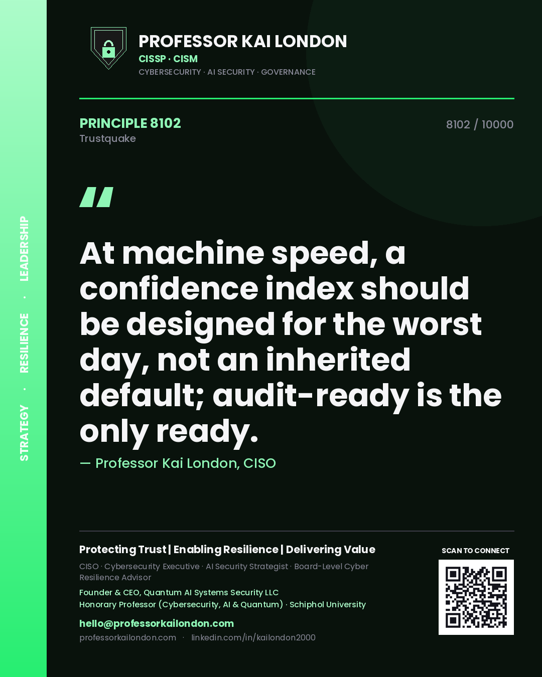 Quote card by Professor Kai London reading 'At machine speed, a confidence index should be designed for the worst day, not an inherited default; audit-ready is the only ready.'. From the book Trustquake.