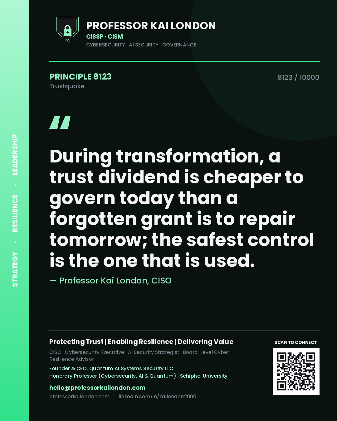 Quote card by Professor Kai London reading 'During transformation, a trust dividend is cheaper to govern today than a forgotten grant is to repair tomorrow; the safest control is the one that is used.'. From the book Trustquake.