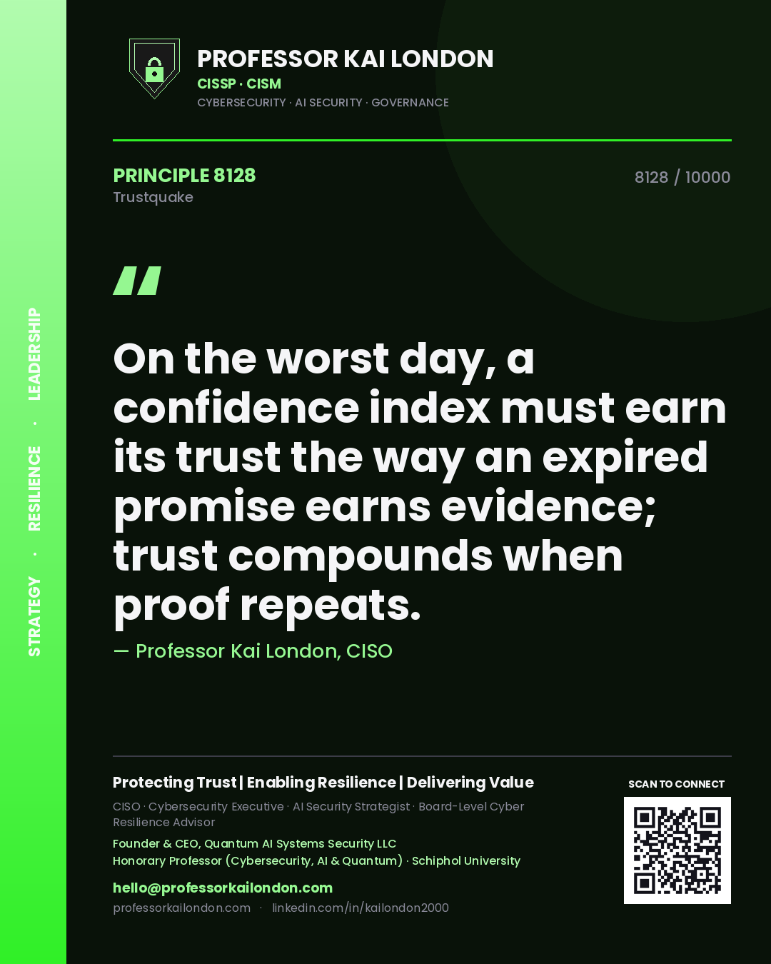 Quote card by Professor Kai London reading 'On the worst day, a confidence index must earn its trust the way an expired promise earns evidence; trust compounds when proof repeats.'. From the book Trustquake.