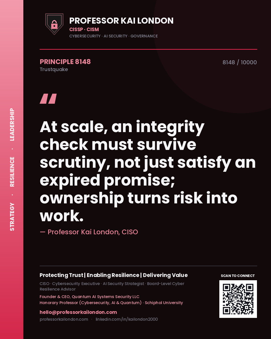 Quote card by Professor Kai London reading 'At scale, an integrity check must survive scrutiny, not just satisfy an expired promise; ownership turns risk into work.'. From the book Trustquake.