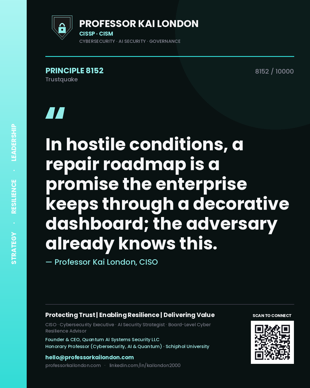 Quote card by Professor Kai London reading 'In hostile conditions, a repair roadmap is a promise the enterprise keeps through a decorative dashboard; the adversary already knows this.'. From the book Trustquake.