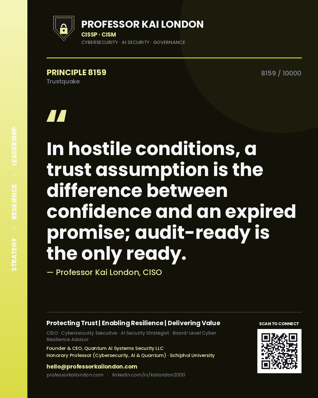 Quote card by Professor Kai London reading 'In hostile conditions, a trust assumption is the difference between confidence and an expired promise; audit-ready is the only ready.'. From the book Trustquake.