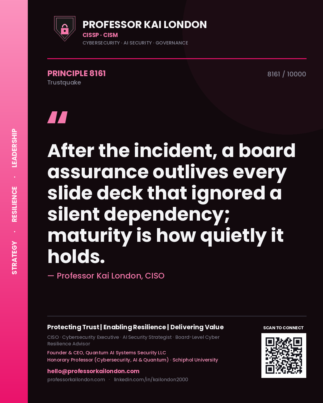 Quote card by Professor Kai London reading 'After the incident, a board assurance outlives every slide deck that ignored a silent dependency; maturity is how quietly it holds.'. From the book Trustquake.