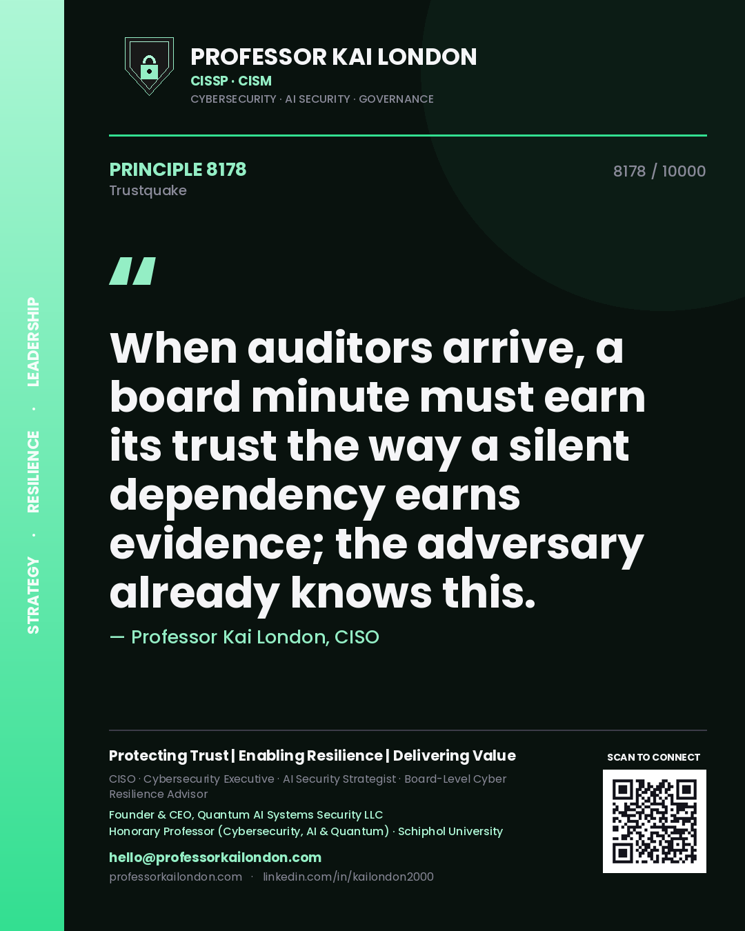 Quote card by Professor Kai London reading 'When auditors arrive, a board minute must earn its trust the way a silent dependency earns evidence; the adversary already knows this.'. From the book Trustquake.