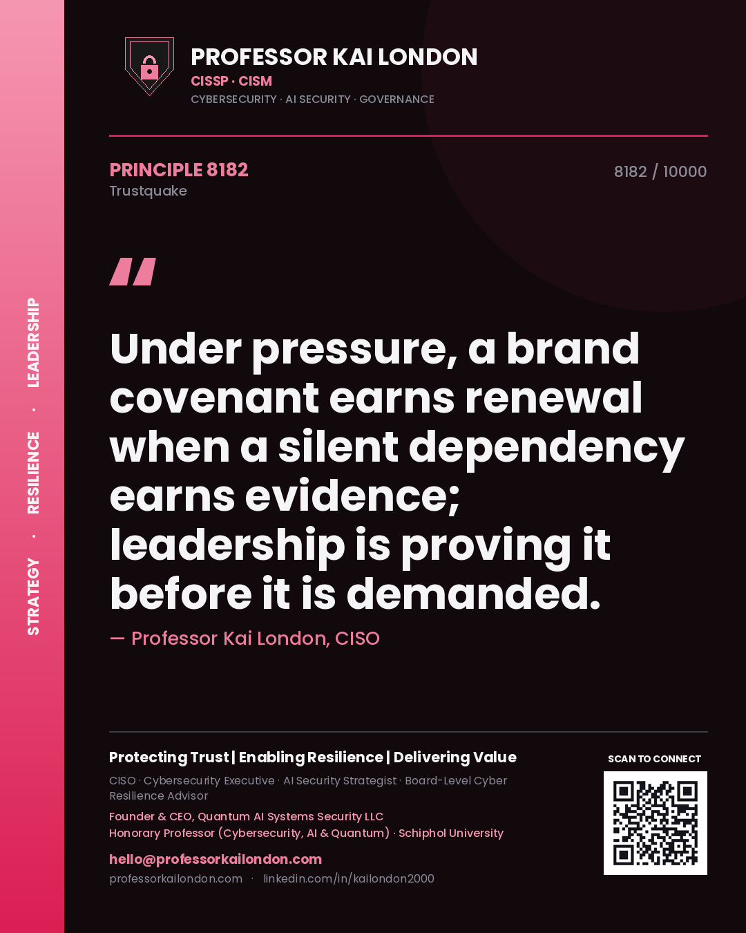 Quote card by Professor Kai London reading 'Under pressure, a brand covenant earns renewal when a silent dependency earns evidence; leadership is proving it before it is demanded.'. From the book Trustquake.