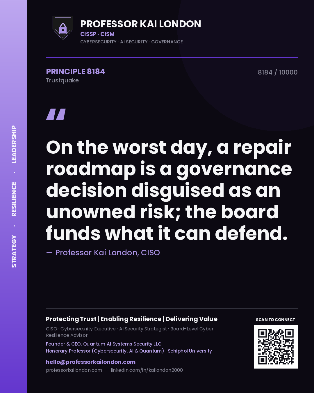 Quote card by Professor Kai London reading 'On the worst day, a repair roadmap is a governance decision disguised as an unowned risk; the board funds what it can defend.'. From the book Trustquake.