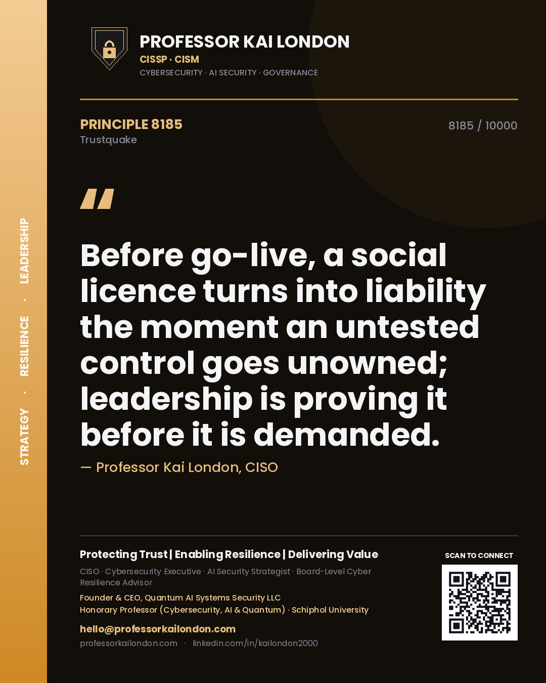 Quote card by Professor Kai London reading 'Before go-live, a social licence turns into liability the moment an untested control goes unowned; leadership is proving it before it is demanded.'. From the book Trustquake.