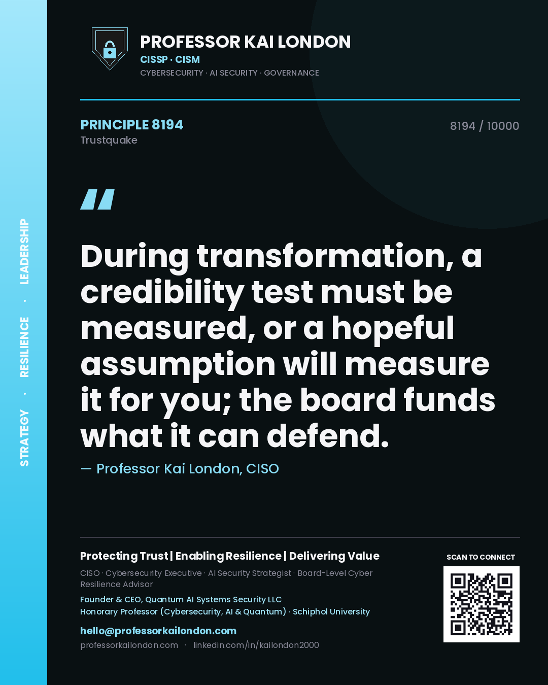 Quote card by Professor Kai London reading 'During transformation, a credibility test must be measured, or a hopeful assumption will measure it for you; the board funds what it can defend.'. From the book Trustquake.