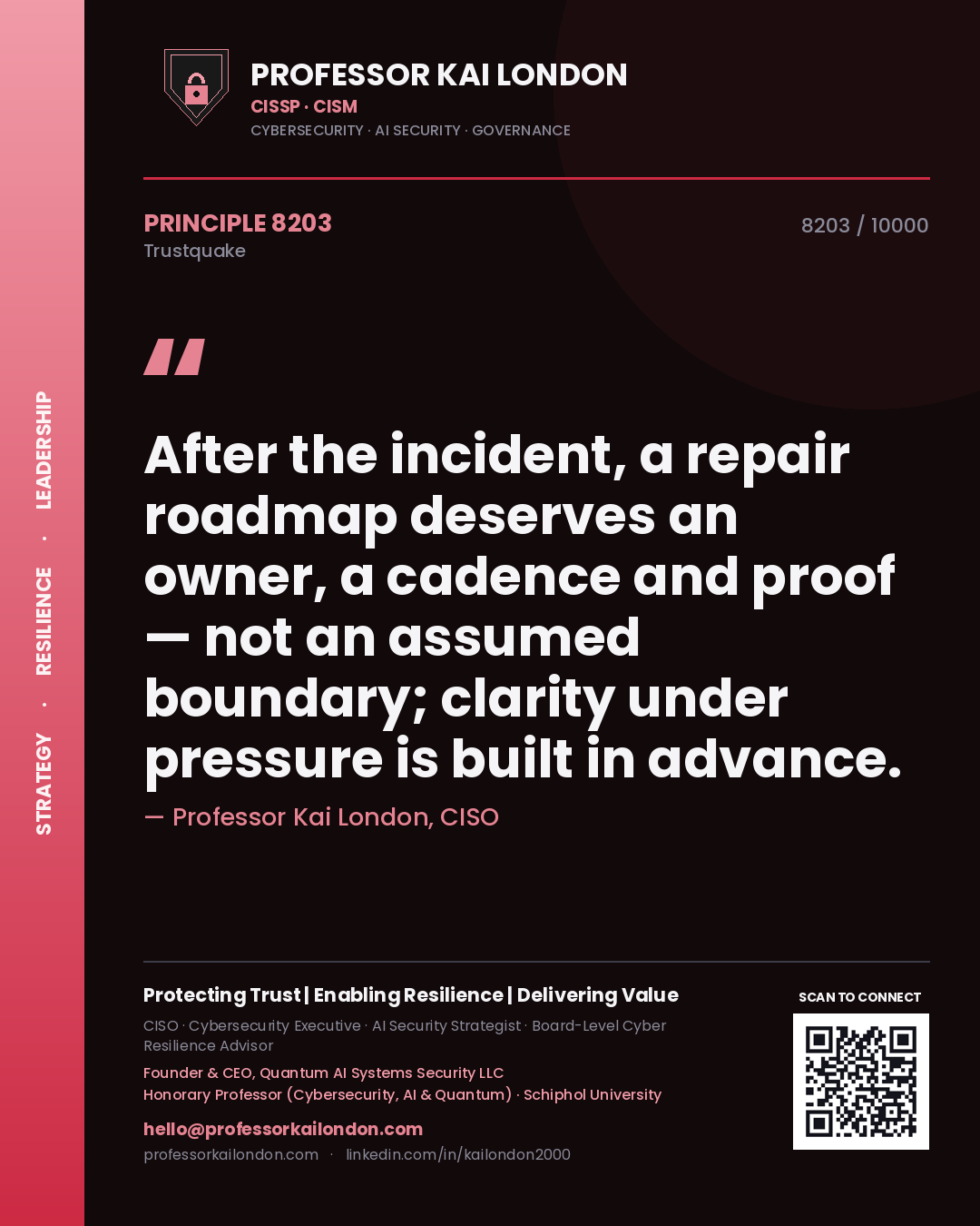 Quote card by Professor Kai London reading 'After the incident, a repair roadmap deserves an owner, a cadence and proof — not an assumed boundary; clarity under pressure is built in advance.'. From the book Trustquake.