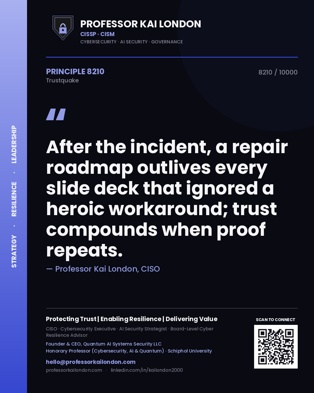 Professor Kai London principle 8210: After the incident, a repair roadmap outlives every slide deck that ignored a heroic workaround; trust compounds when proof repeats.