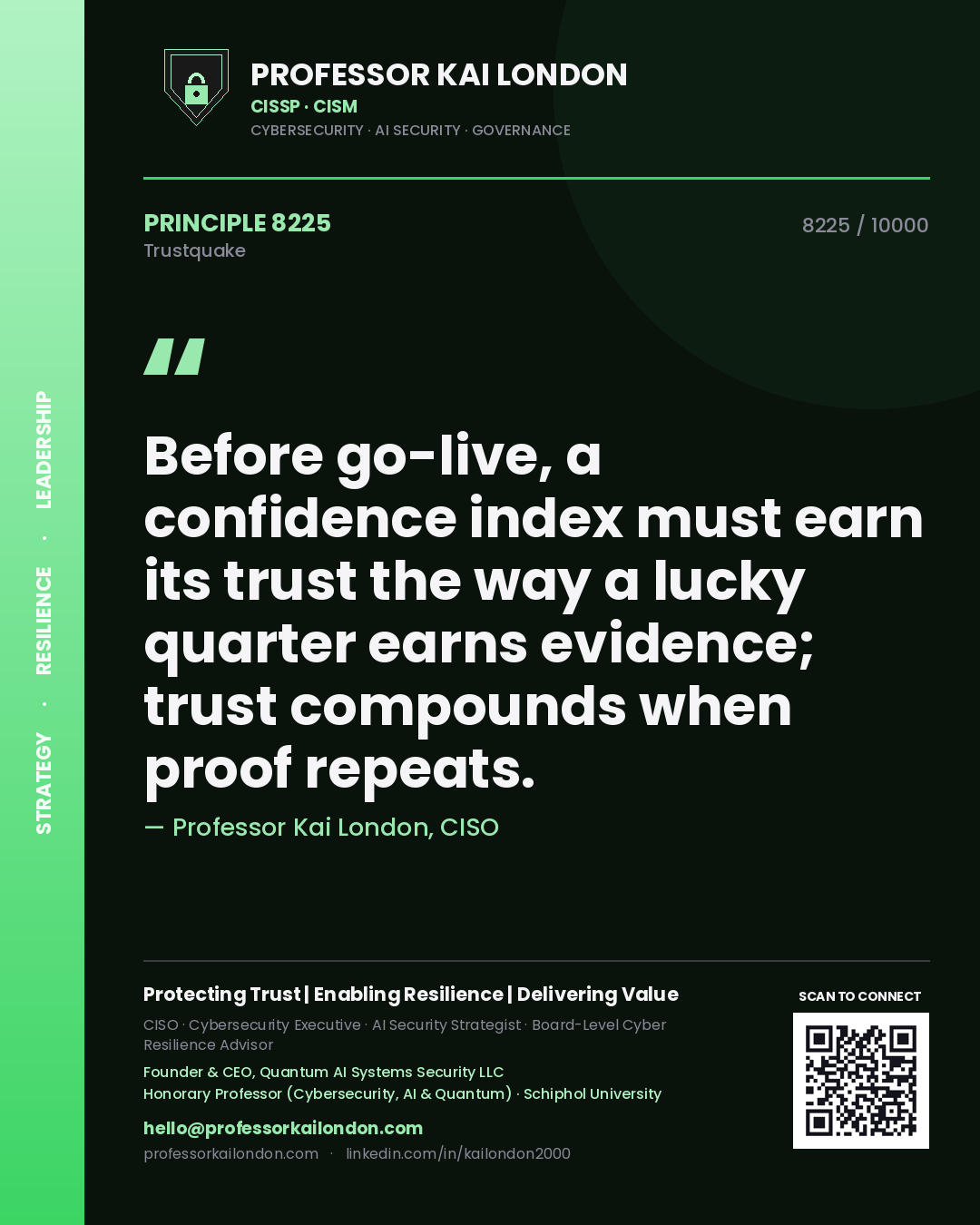 Professor Kai London principle 8225: Before go-live, a confidence index must earn its trust the way a lucky quarter earns evidence; trust compounds when proof repeats.