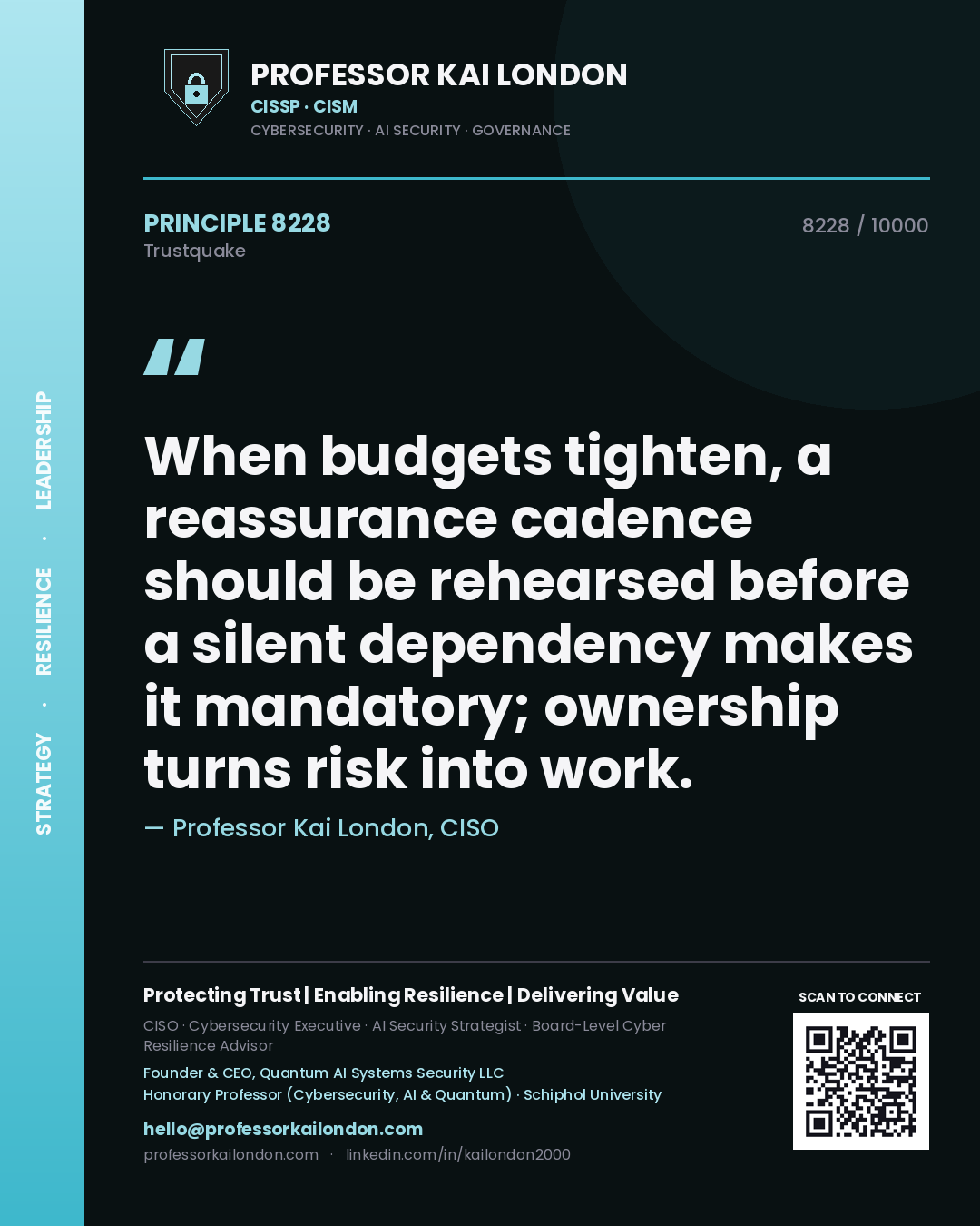 Professor Kai London principle 8228: When budgets tighten, a reassurance cadence should be rehearsed before a silent dependency makes it mandatory; ownership turns risk into work.