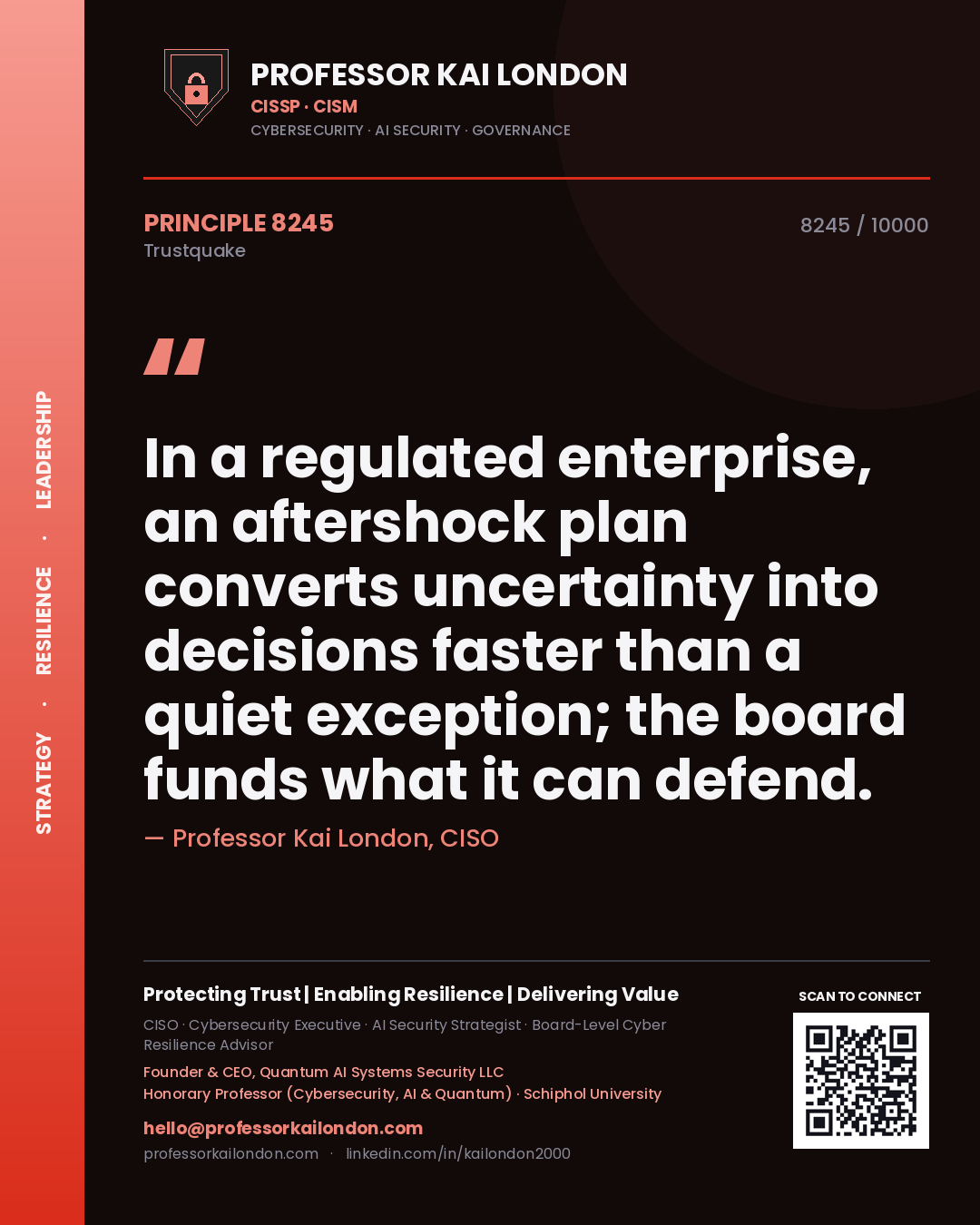 Professor Kai London principle 8245: In a regulated enterprise, an aftershock plan converts uncertainty into decisions faster than a quiet exception; the board funds what it can defend.