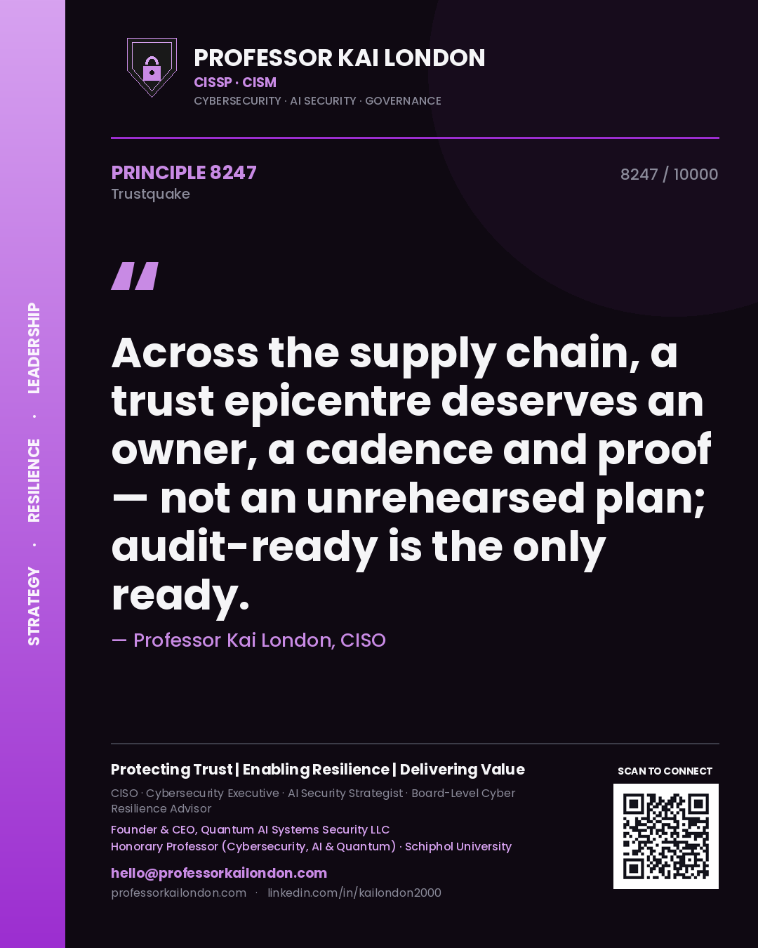 Quote card by Professor Kai London reading 'Across the supply chain, a trust epicentre deserves an owner, a cadence and proof — not an unrehearsed plan; audit-ready is the only ready.'. From the book Trustquake.
