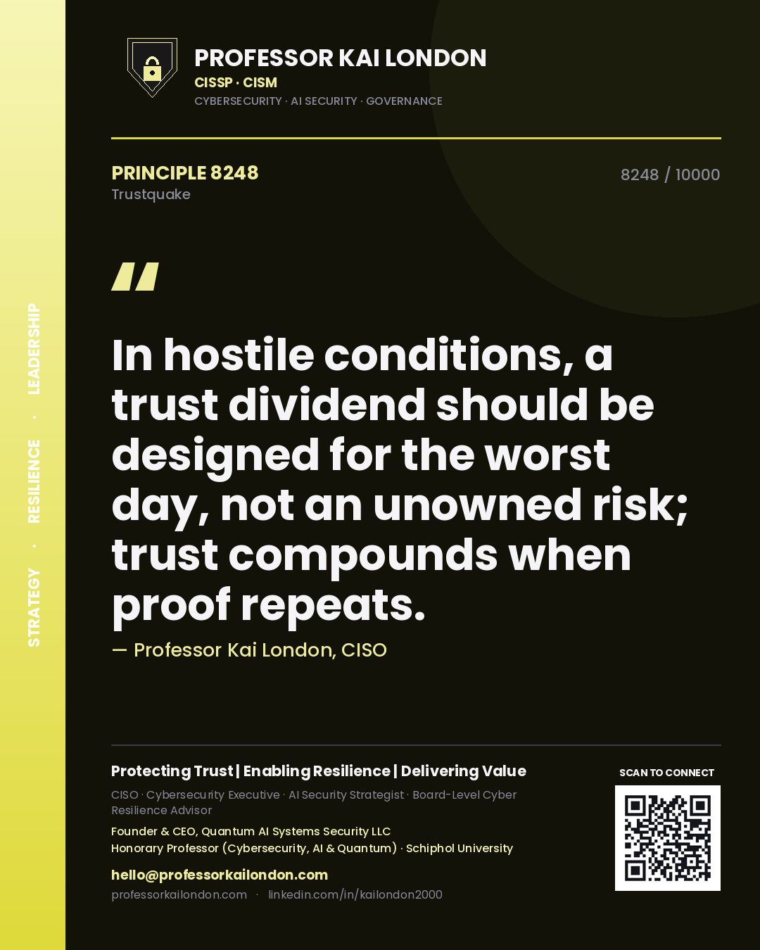 Professor Kai London principle 8248: In hostile conditions, a trust dividend should be designed for the worst day, not an unowned risk; trust compounds when proof repeats.