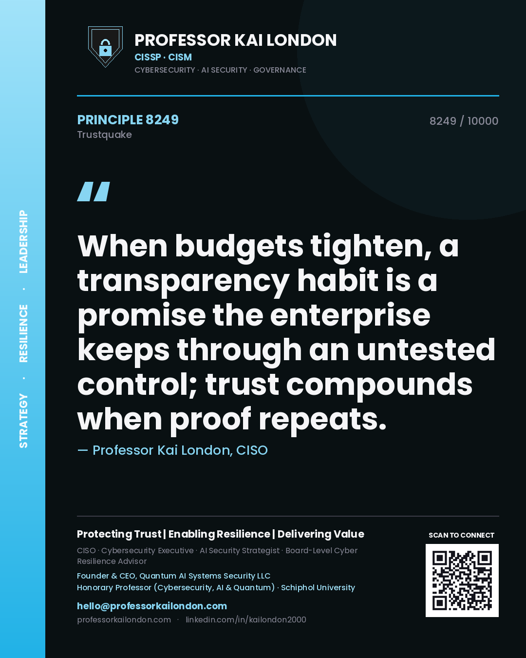 Professor Kai London principle 8249: When budgets tighten, a transparency habit is a promise the enterprise keeps through an untested control; trust compounds when proof repeats.