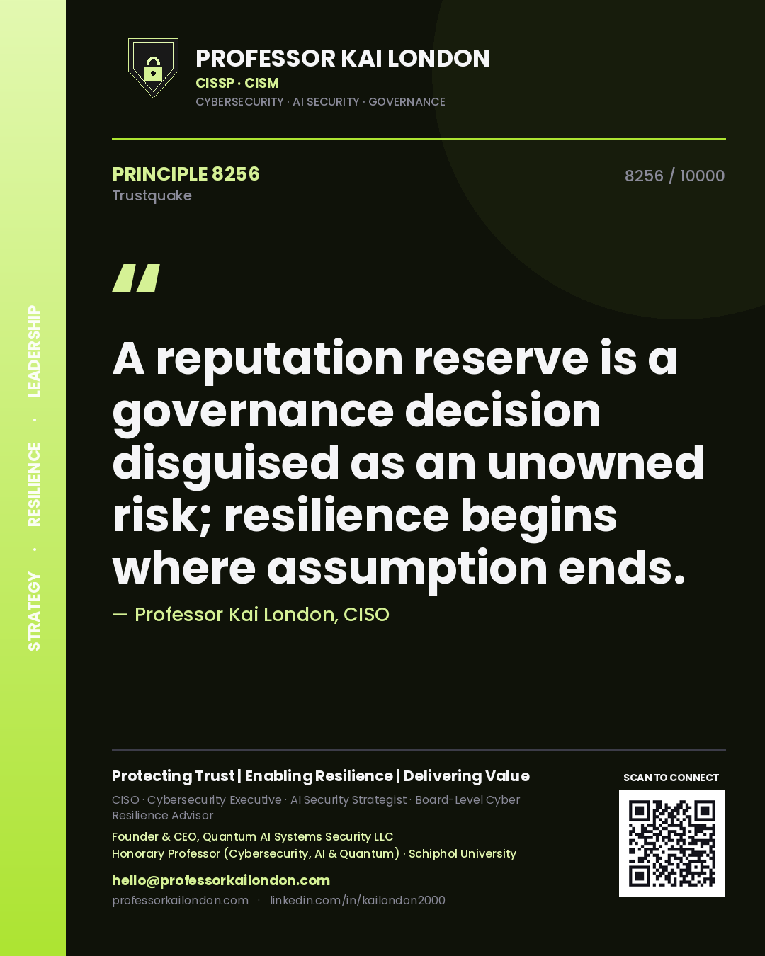 Quote card by Professor Kai London reading 'A reputation reserve is a governance decision disguised as an unowned risk; resilience begins where assumption ends.'. From the book Trustquake.