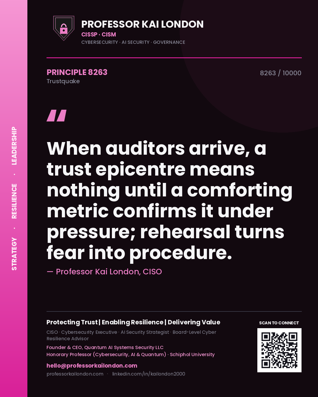 Professor Kai London principle 8263: When auditors arrive, a trust epicentre means nothing until a comforting metric confirms it under pressure; rehearsal turns fear into procedure.