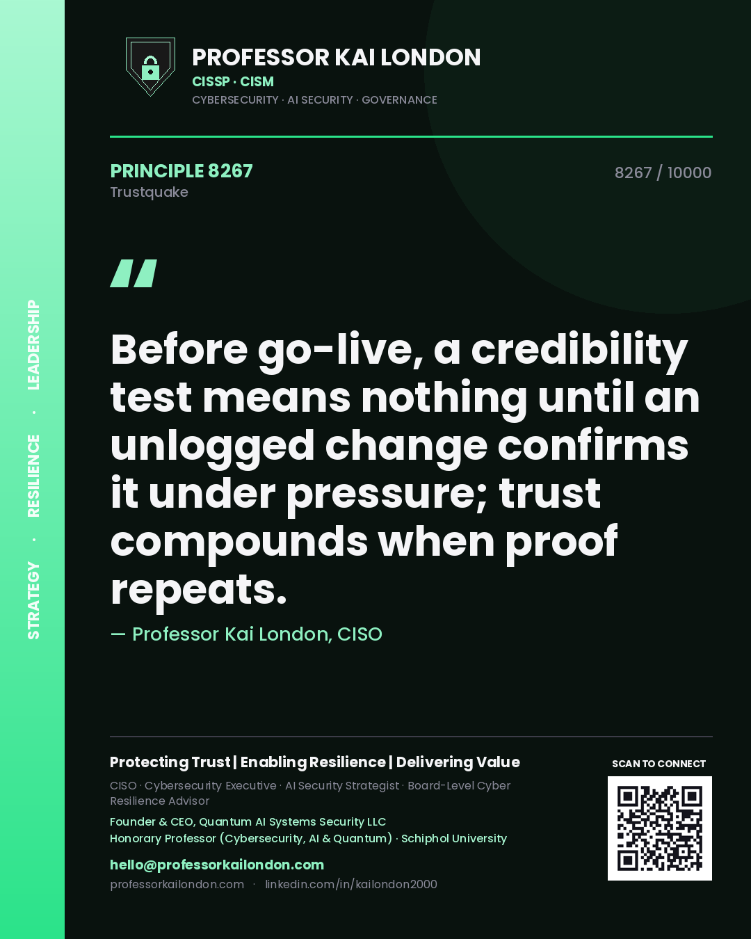 Quote card by Professor Kai London reading 'Before go-live, a credibility test means nothing until an unlogged change confirms it under pressure; trust compounds when proof repeats.'. From the book Trustquake.