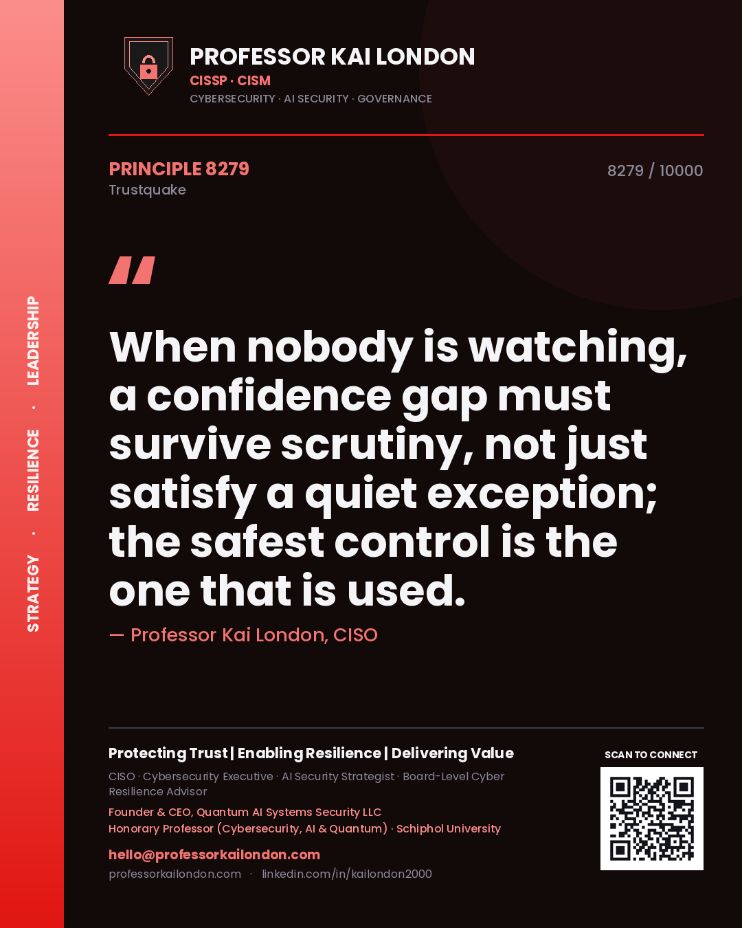 Professor Kai London principle 8279: When nobody is watching, a confidence gap must survive scrutiny, not just satisfy a quiet exception; the safest control is the one that is used.