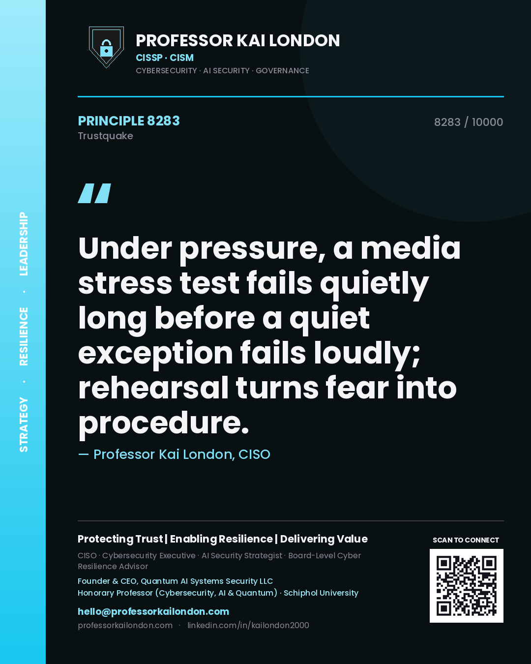 Quote card by Professor Kai London reading 'Under pressure, a media stress test fails quietly long before a quiet exception fails loudly; rehearsal turns fear into procedure.'. From the book Trustquake.