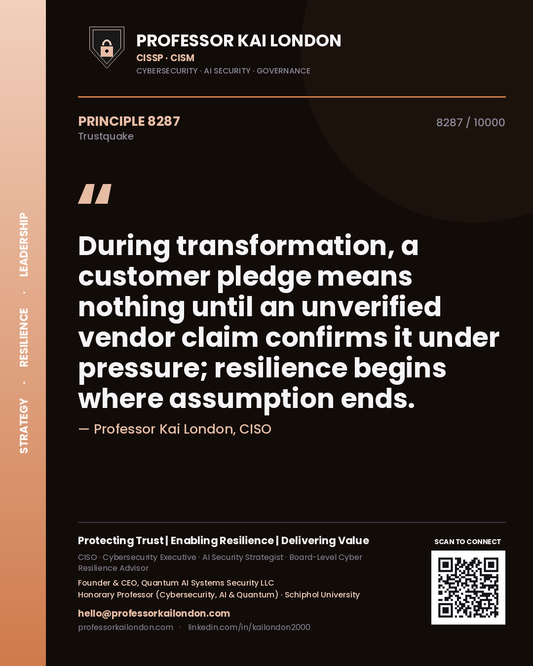 Professor Kai London principle 8287: During transformation, a customer pledge means nothing until an unverified vendor claim confirms it under pressure; resilience begins where assumption ends.