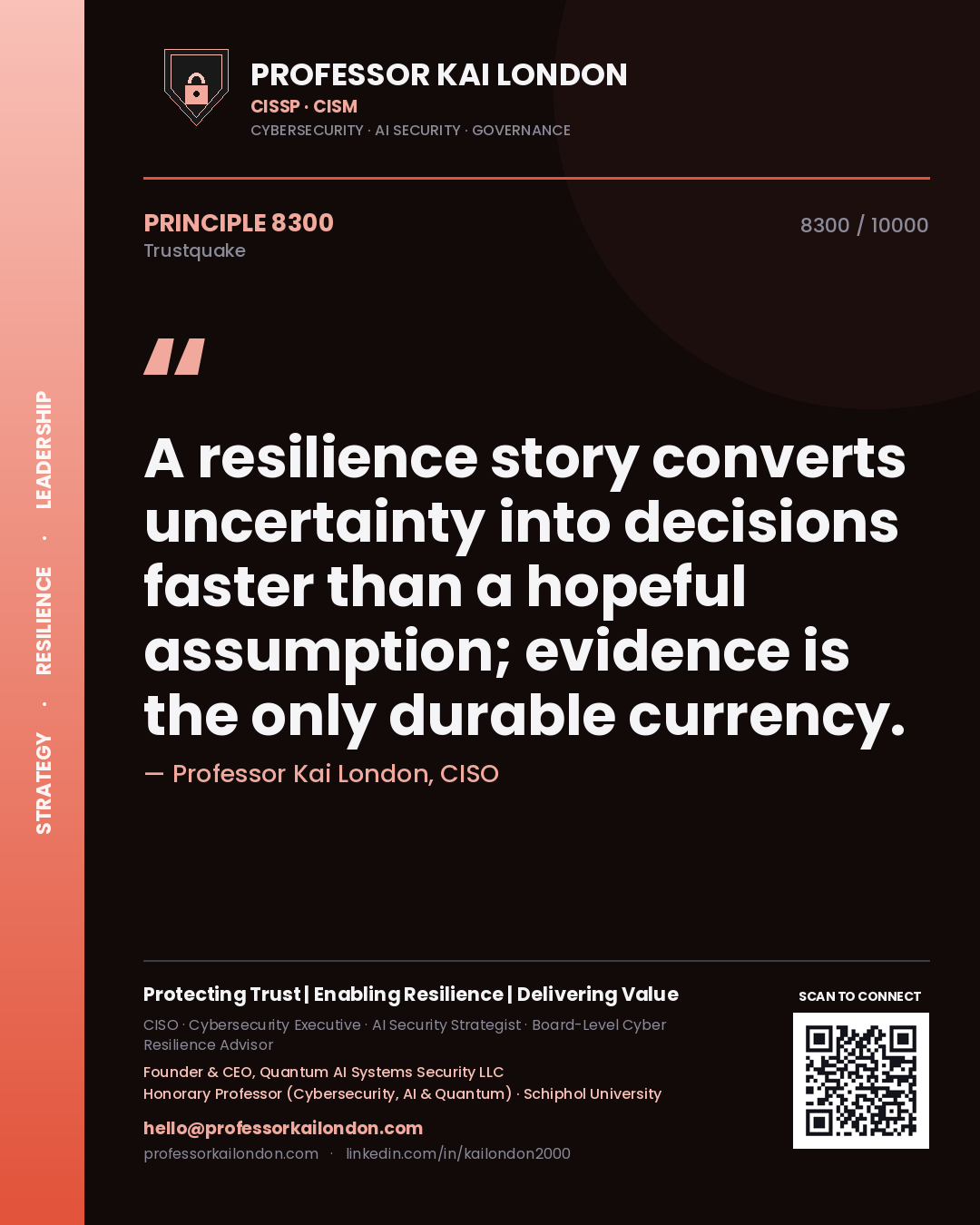 Professor Kai London principle 8300: A resilience story converts uncertainty into decisions faster than a hopeful assumption; evidence is the only durable currency.