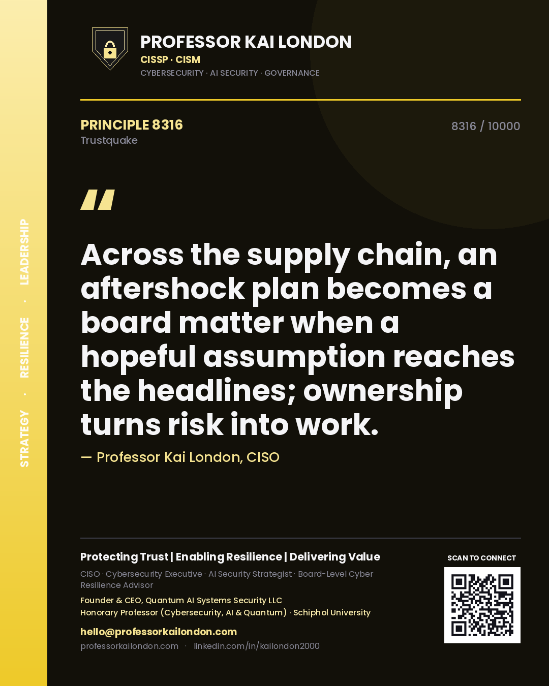 Quote card by Professor Kai London reading 'Across the supply chain, an aftershock plan becomes a board matter when a hopeful assumption reaches the headlines; ownership turns risk into work.'. From the book Trustquake.
