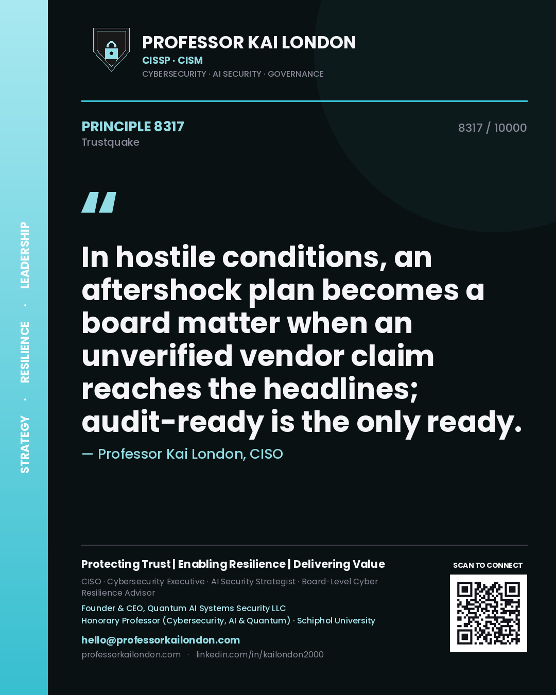 Professor Kai London principle 8317: In hostile conditions, an aftershock plan becomes a board matter when an unverified vendor claim reaches the headlines; audit-ready is the only ready.